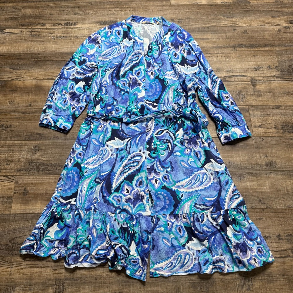 Soft Surroundings Blue Patterned Button Down Midi… - image 1